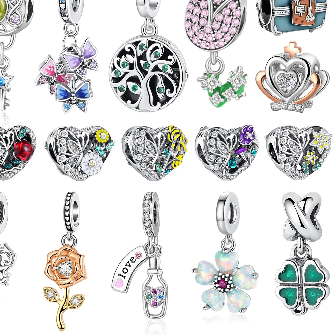 Authentic 925 Silver Pendant Beads Butterfly Tree of Life Rose Chest Crown Hollow Heart Demonstration Bottle Charm Jewelry DIY Bracelet