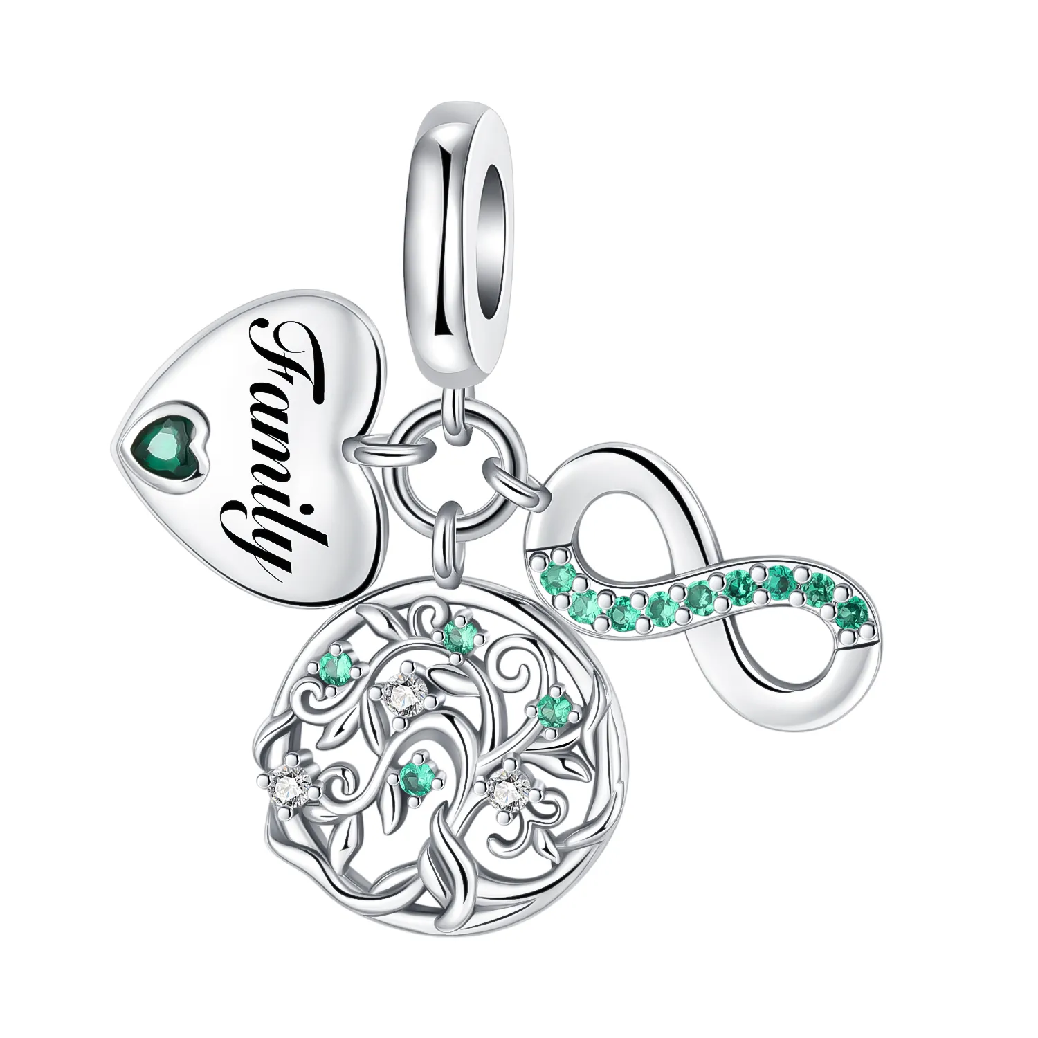 Authentic 925 Sterling Silver Family Triple Dangle Charm Heart Life Tree Infinity Symbol Pendant Fit Bracelet Family Love DIY Jewelry