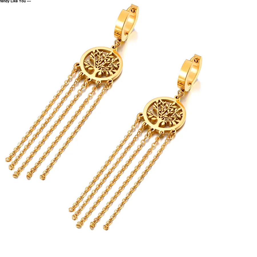 Authentic Lokaer Life Tree Plant Tassel Hoop Earrings For Women Waterproof PVD Gold Plated Trendy Statement Jewelry E23233
