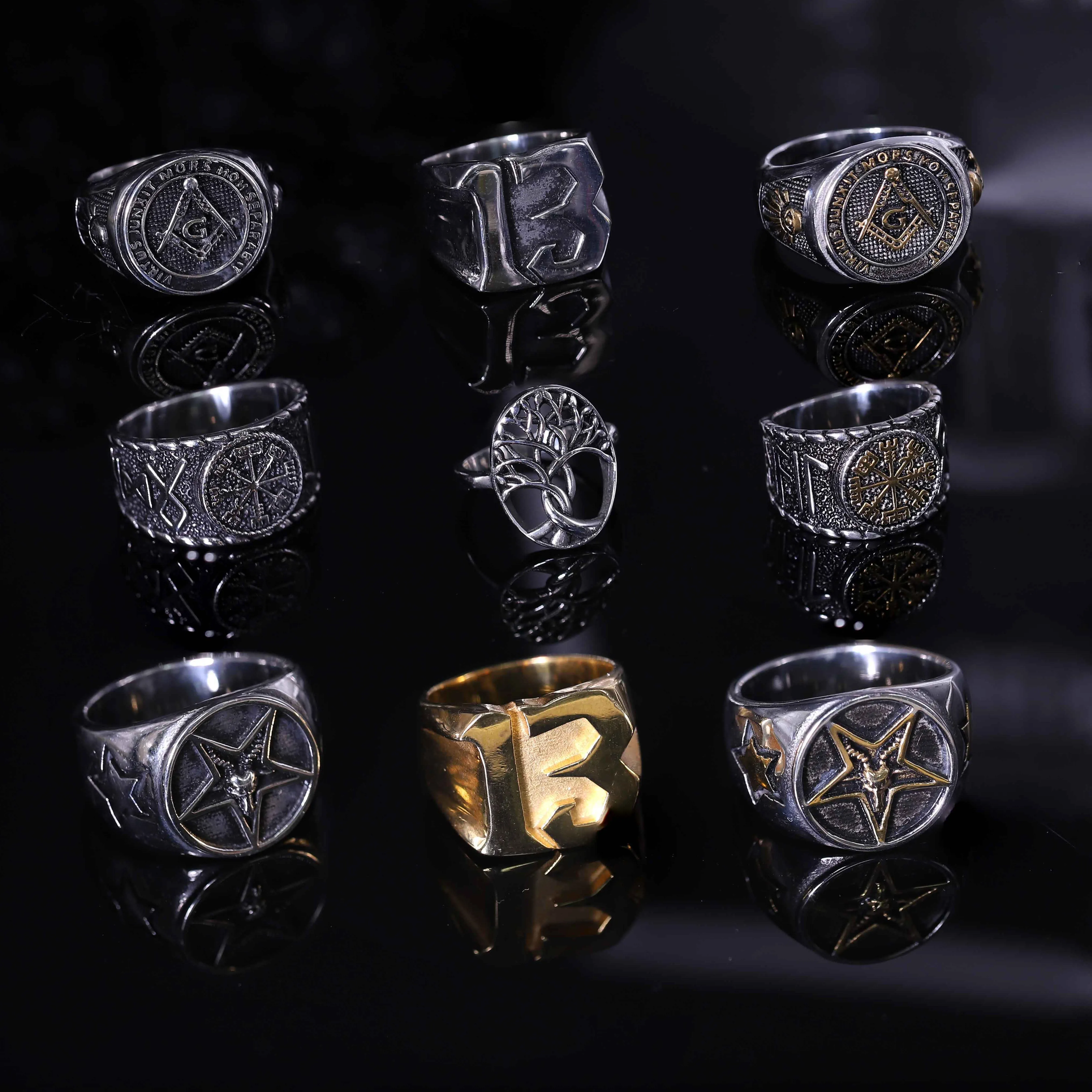 Authentic Viking Runes Steampunk Ring Vintage Number 13 Punk Style Pentagram Masonic Tree Of Life Gothic Man Rings Jewelry