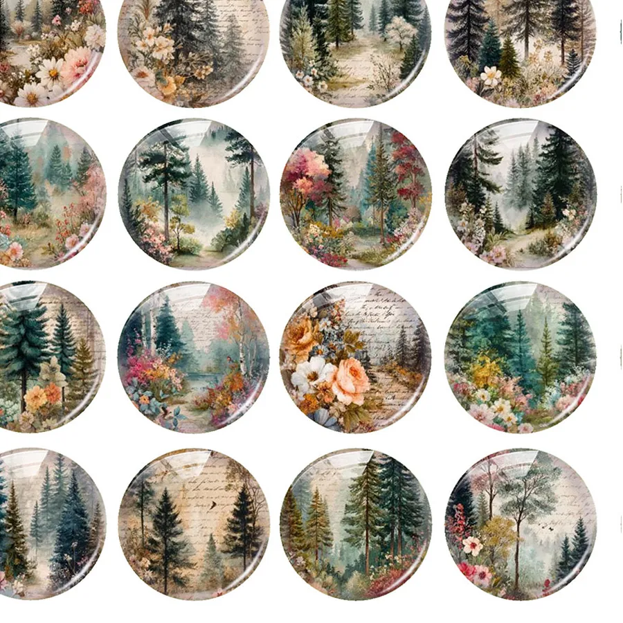 Authentic Random Mixed Round/Oval/Square Vintage Pine Forest Flower Photo Glass Cabochon Flatback Demo Cameo For Diy Jewelry Making