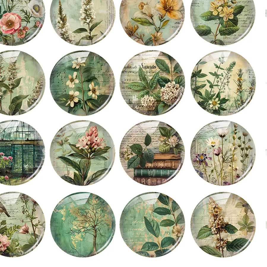 Authentic Botanical Memory Cabochon - Verdant Herbaceous Flower Retro Glass Talisman for Sacred Crafting
