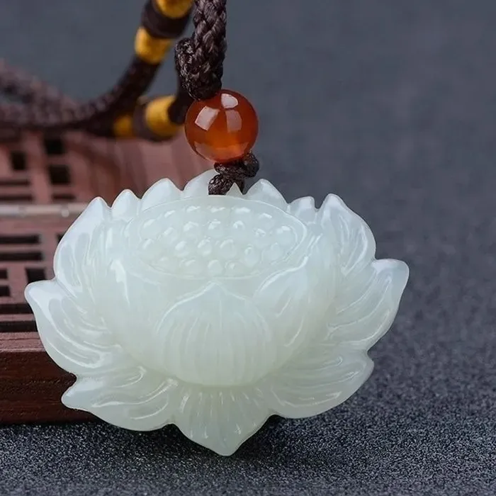 Authentic Natural Afghan White Jade Lotus Pendant Boutique Jewelry Men's and Female Lotus Necklace Gifts
