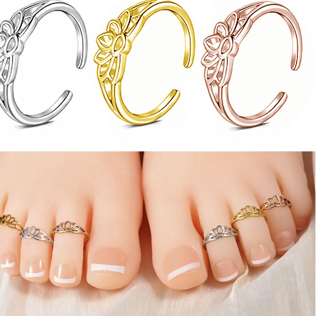 Authentic Lotus Flower Toe Ring for Women Adjustable Open Foot Finger Ring Gold Silver Rose Summer Beach Jewelry