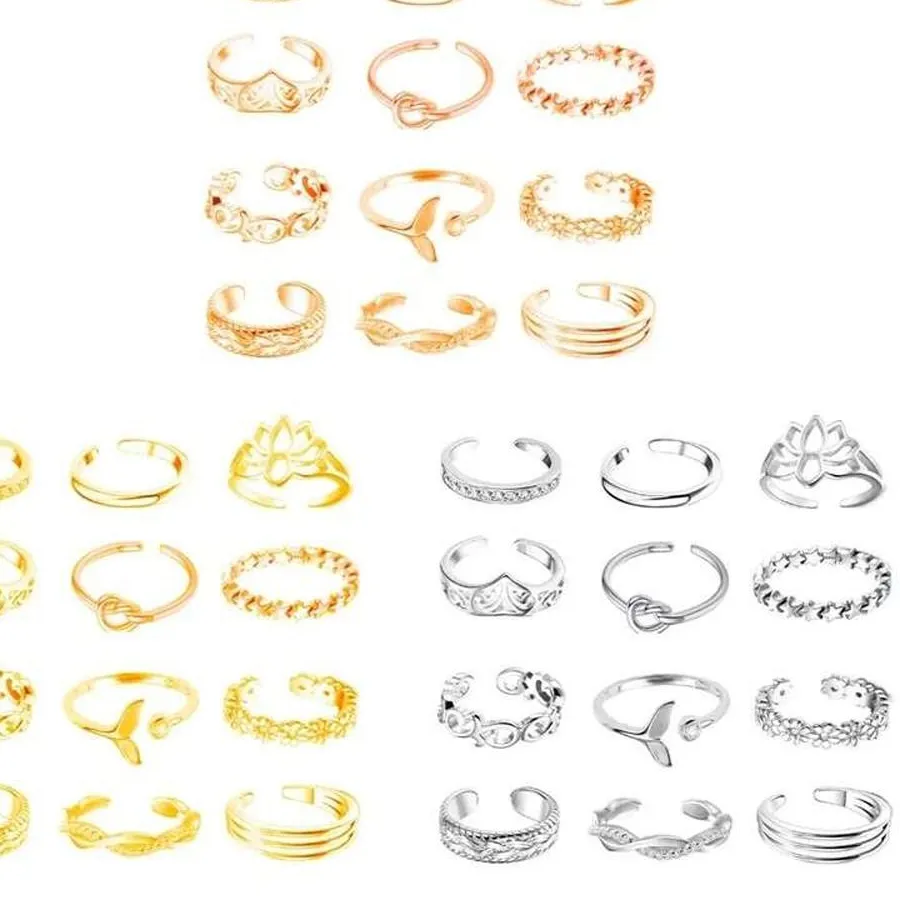 Authentic Beach Foot Accessories Lotus Flower Jewelry Korean Style Toe Ring Open Ring Vintage Foot Ring Set Women Toe Ring