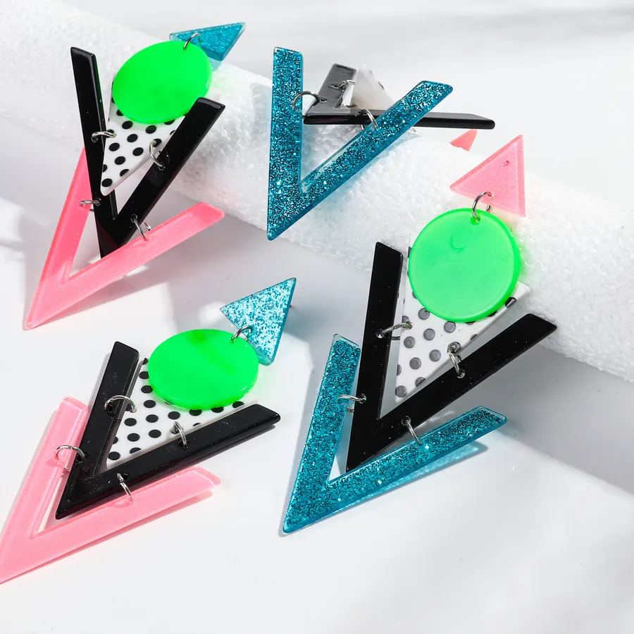 Authentic Geometric Acrylic Long Drop Earrings for Women Glitter Colorful Triangle Circle Splicing Earrings Retro Jewelry Gifts