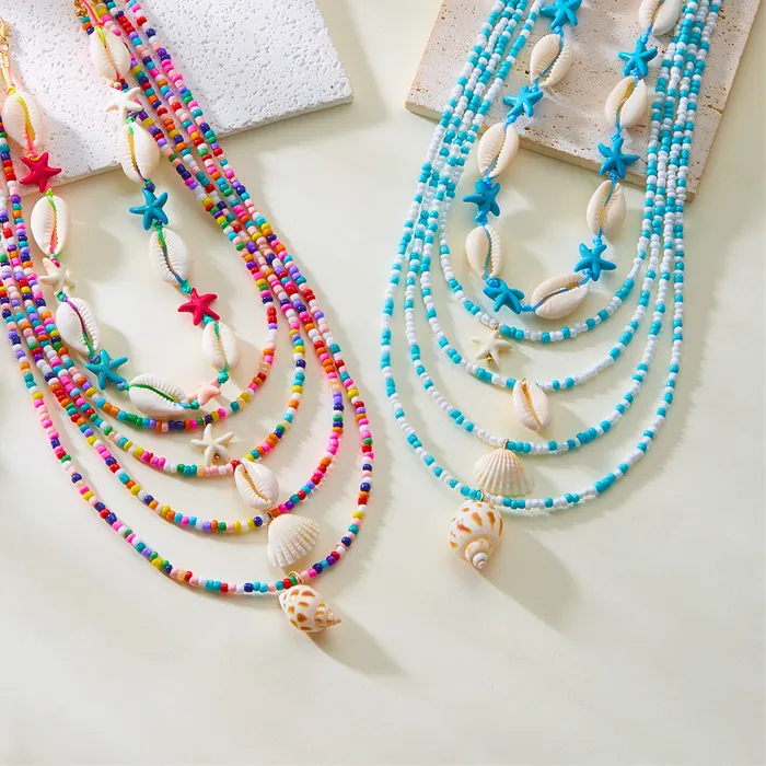 Authentic Bohemian Blue Beaded Choker Necklace Set for Women Summer Beach Cowrie Shell Starfish Pendant Multilayer Chains Holiday Jewelry