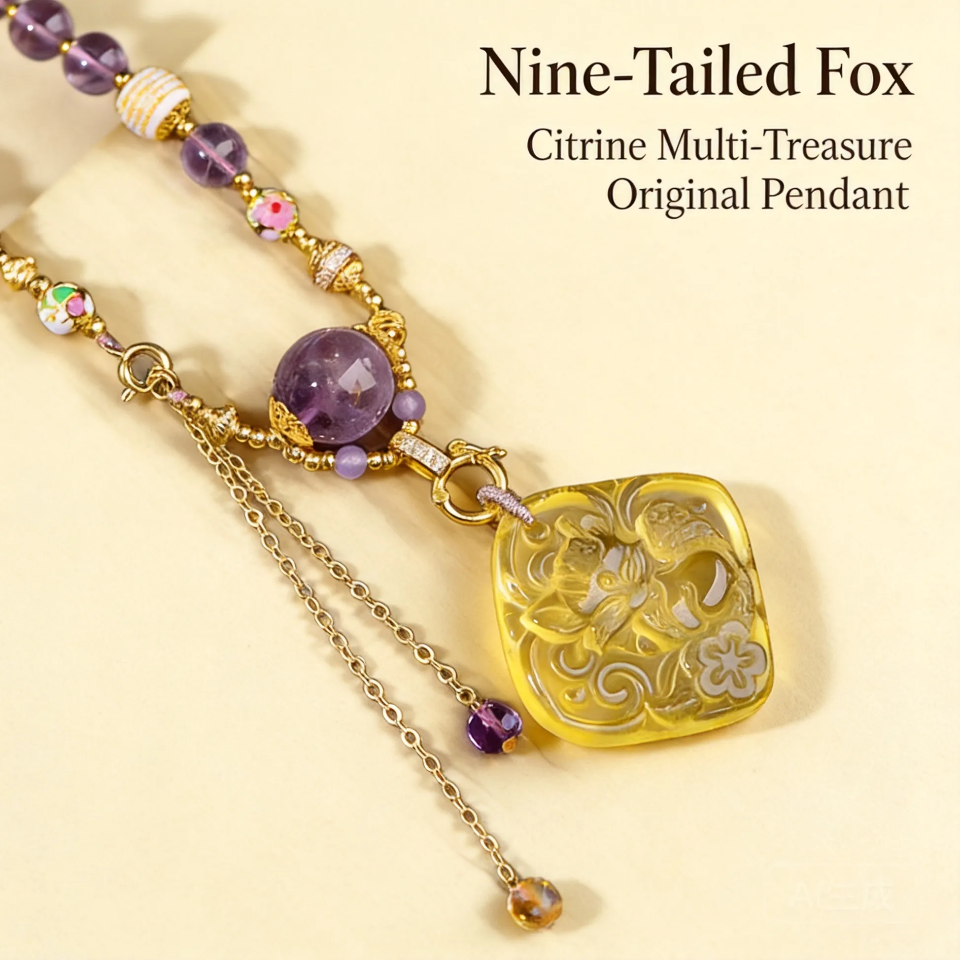 Authentic Chinese Style Lucky Blessing Citrine Nine Tailed Fox Pendant Necklace Natural Amethyst Beaded Chain Wealth Attracting Feng Shui