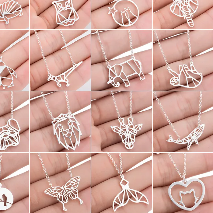 Authentic Jisensp Origami Animal Pendant Necklace for Women Jewelry Cute Butterfly Whale Elephant Necklace Choker joias