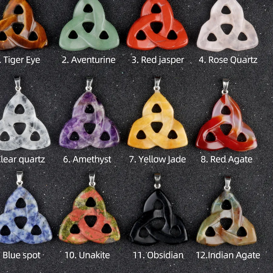 Authentic Irish Celtic Knot Pendant Natural Stone Crystal Triangle Shape Three Flowers Charms for Jewelry Making DIY Necklace Accessories