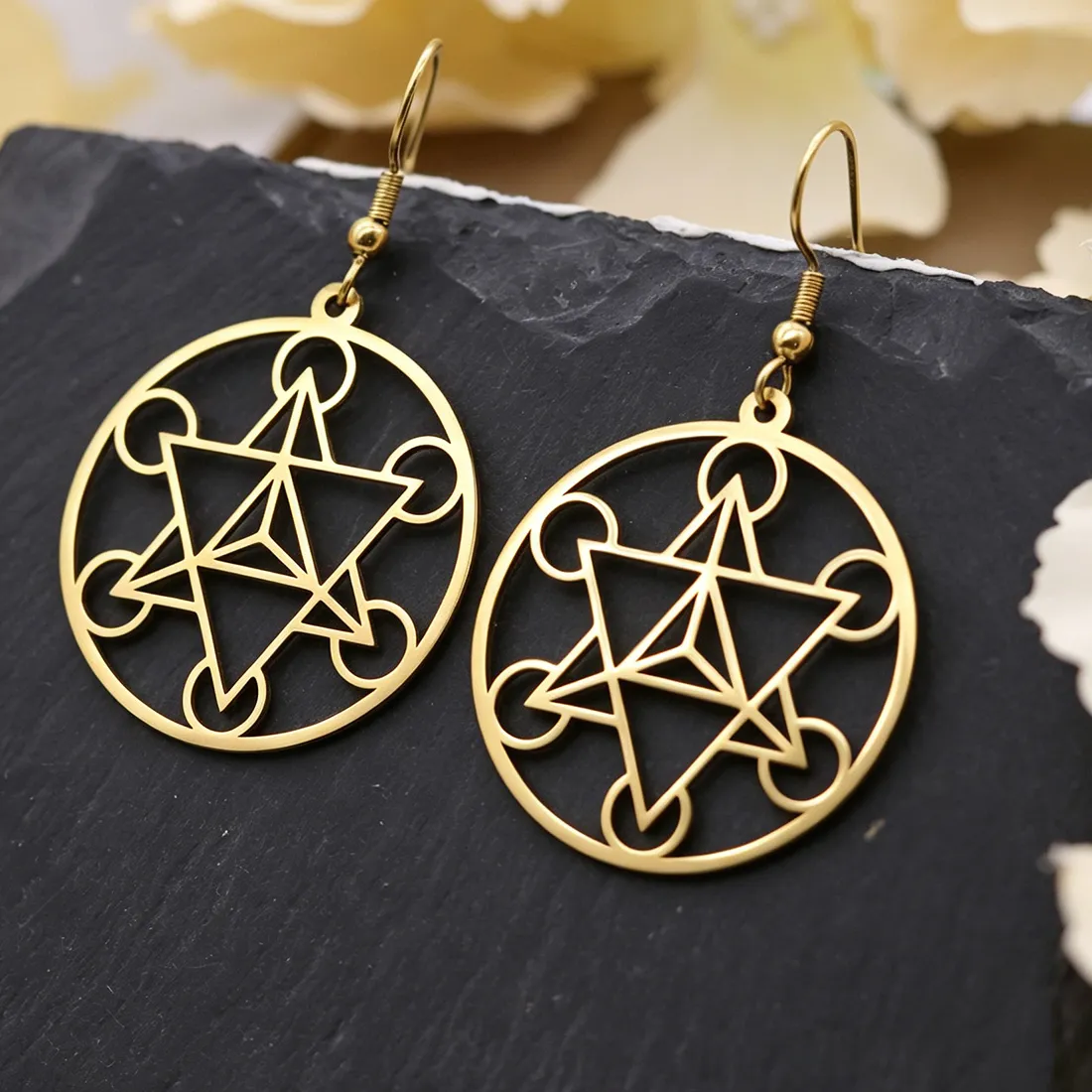 Authentic Kinitial Hollow Circle Merkaba Hexagram Dangle Earring For Women Amulet Sacred Geometry Drop Earrings Jewelry
