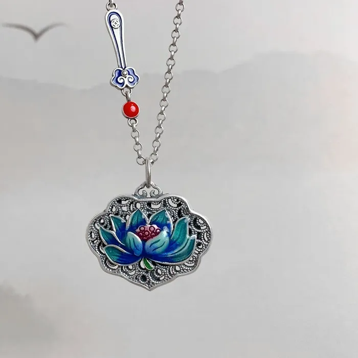 Authentic 925 Silver Enamel Blue Lotus Flower Heart Sutra Necklace for Women and Men Ruyi Lock Pendant Vintage Clavicle Chain Jewelry