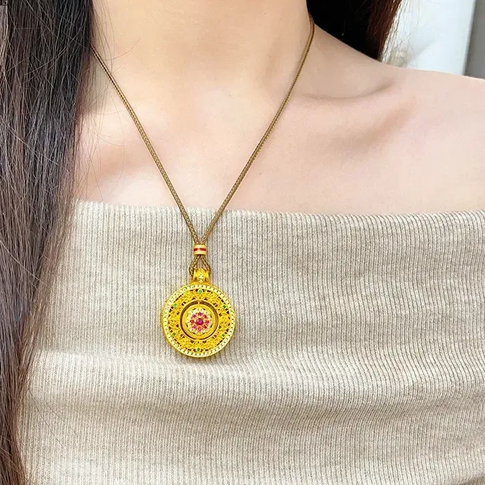 Authentic NovaGlod Luxury 9999 24K real gold namel dot diamond silk compass pendant necklace rotatable Ruyi disc pendant