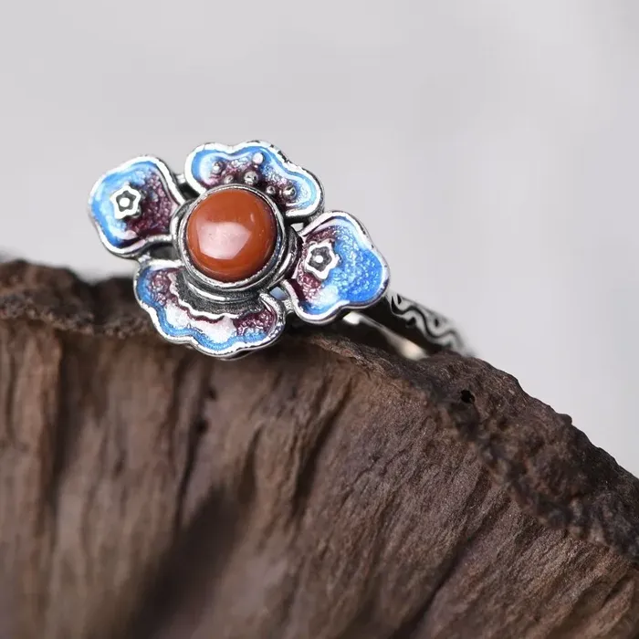 Authentic Blue Enamel Southern Red Tourmaline Ruyi Flower Rings for Women Retro Silver 925 Ethnic Style Charms Ring Party Jewelry