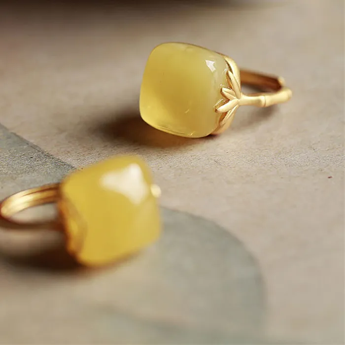 Authentic Temperament Jade Yellow Square Ring Women Jewelry Trendy Ruyi Bamboo Ring Female Index Finger Accessories Adjustable