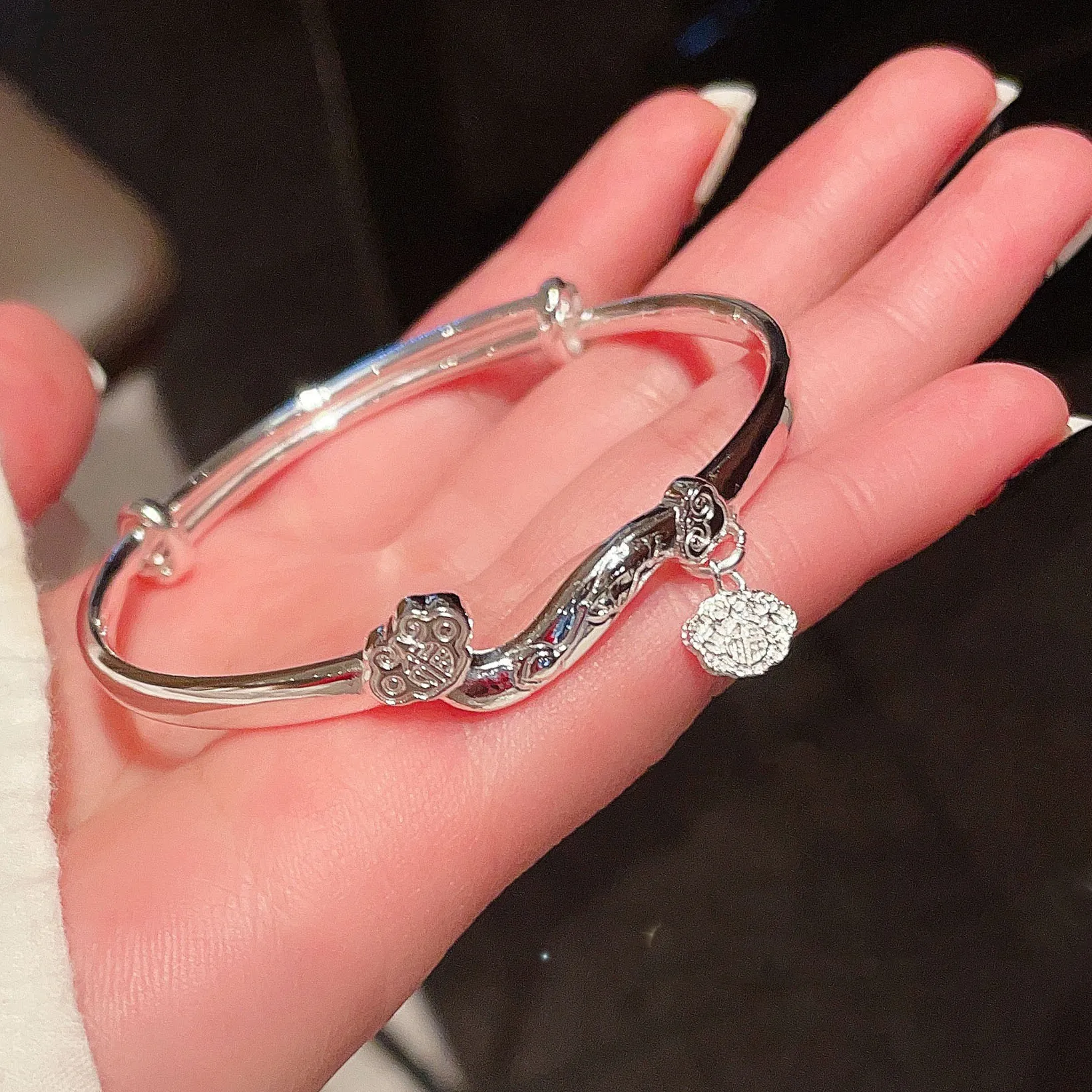 Authentic silver 925 Ruyi Buddha Hand Lotus Flower Bracelet for Women Chinese Style Fu character Pullable bangles Wedding Jewelry