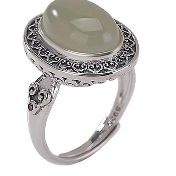 Authentic Ethnic Style Jade Oval Ring For Women Jewelry Vintage Relief Ruyi Ring Female Wedding Finger Accessories Lucky