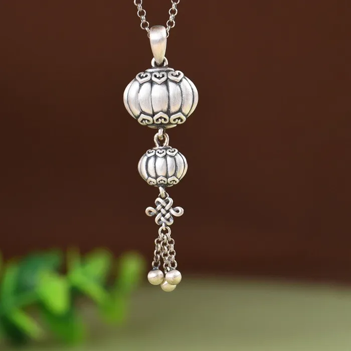 Authentic BOCAI S925 Pure Silver Ruyi Lantern Lucky Knot Joyful Chinese Style Tassel Pendant, Women's Selected