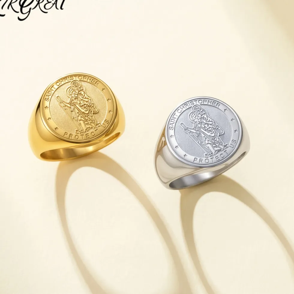Authentic St Christopher Protect Us Signet Ring Medal Ring Vintage Christian Amulet Travel Protection Jewelry