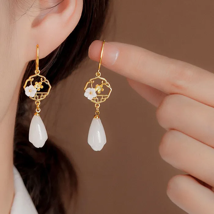 Authentic Magnolia Blossom Purity Talisman - Vintage Hotan Jade & Gold-Plated Harmony Drop Earrings