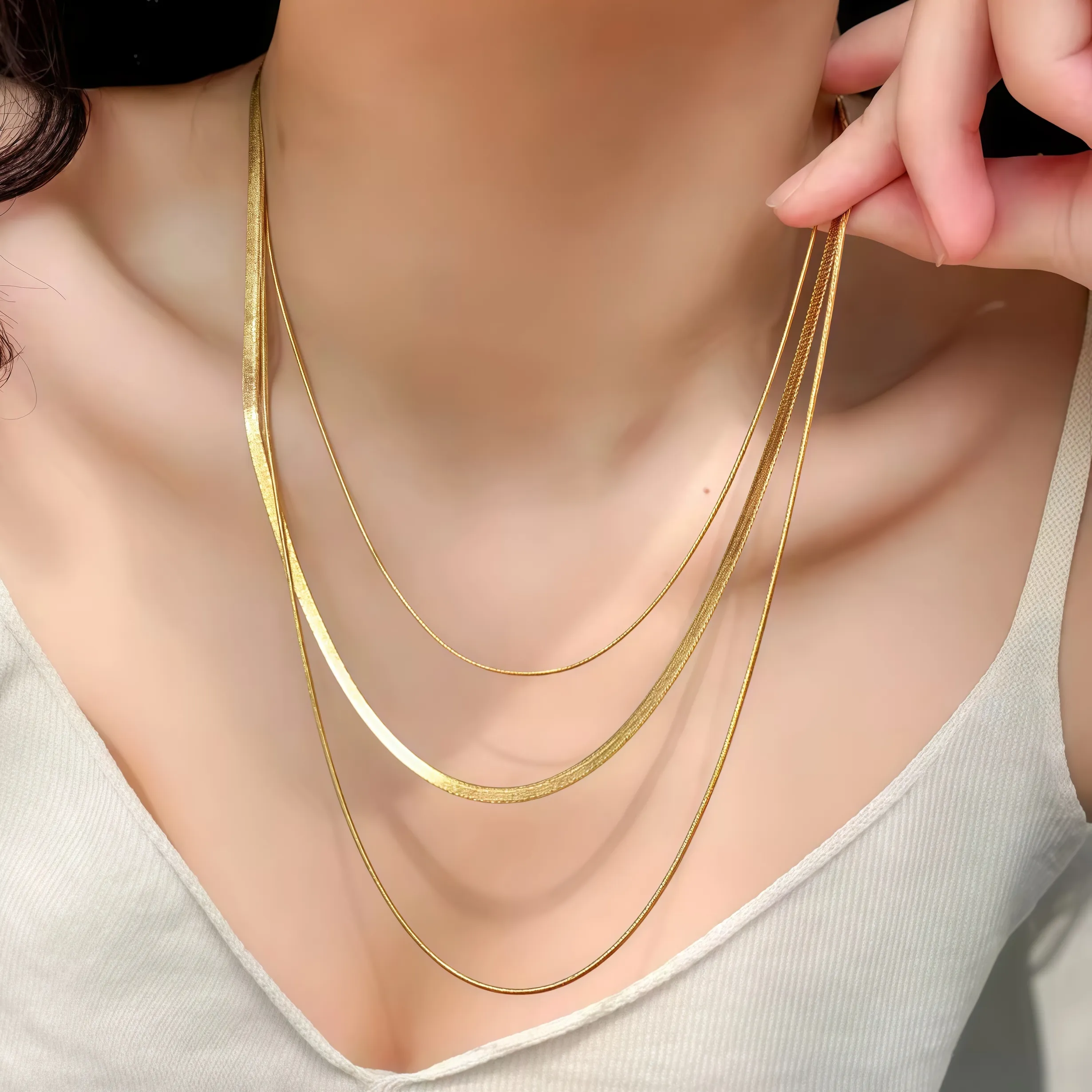 Authentic 18K Gold Plated Flat Snake Herringbone Layering Necklaces For Women Girl Waterproof Layered Chains Jewelry