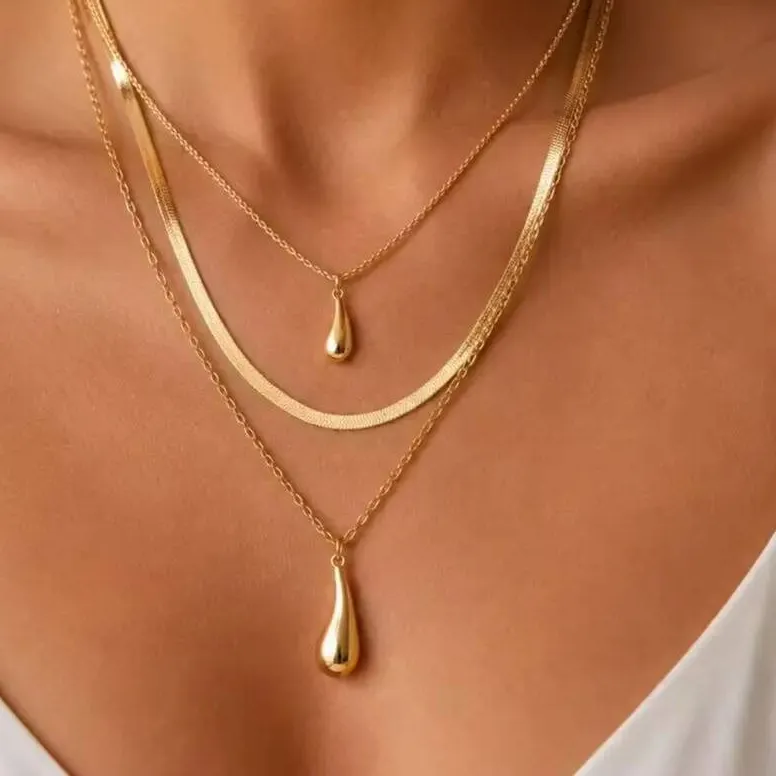 Authentic SHIXIN 3Pcs/set Simple Metal WaterDroplet Pendant Necklace Women Vintage Gold Color Flat Snake Chain Choker Party Jewelry