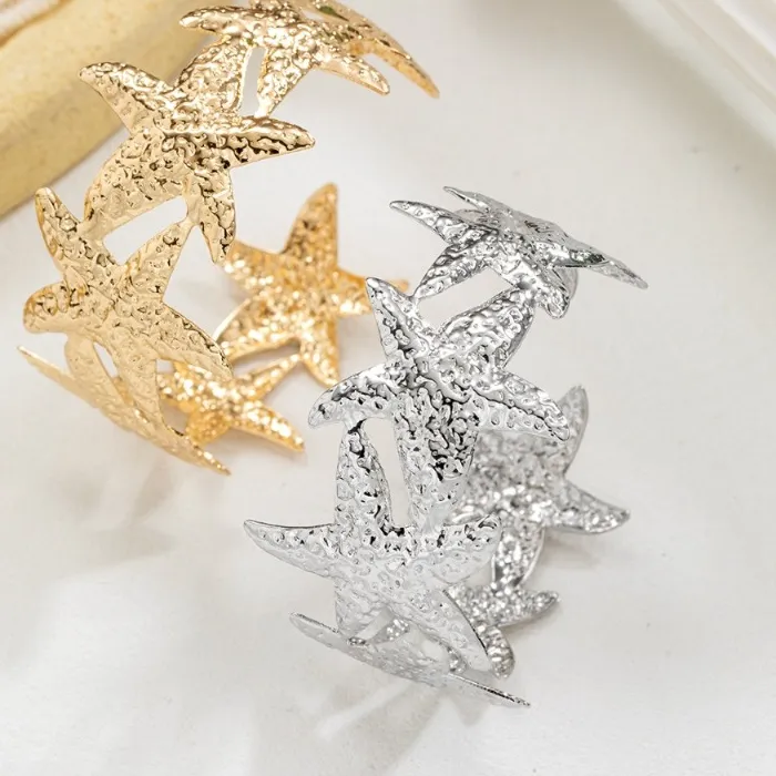 Authentic Personality Gold Color Oversized Linked Textured Starfish Wide Open Cuff Bangles for Women Seaside Party Boho Jewelry