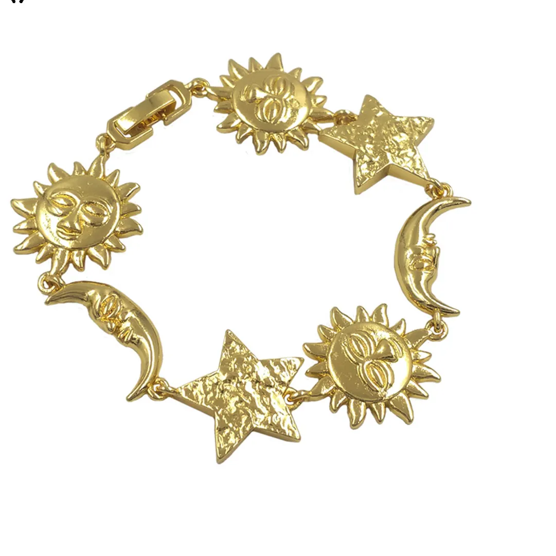 Authentic WT-JF373 Exquisite Sun Moon&Star Shape Texture Yellow Charms Vintage Vibe Bracelet For Girls Birthday Gifts