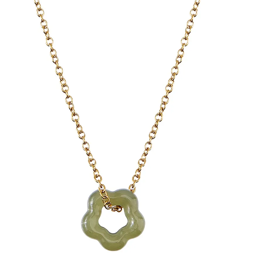 Authentic 1Pc 304 Cable Chains with 1Pc Jade Flower Pendants Ion Plating(IP) Real 18K Gold Plated 19.69 inch(500mm) 1.5mm
