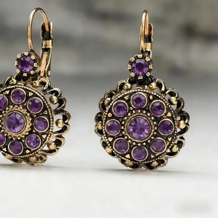 Authentic Inlaid Purple CZ Dangle Women's Earrings Gold Color Geometry Anniversary Jewelry
