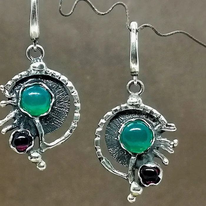 Authentic Ethnic Silver Color Inlaid Green Purple Stone Dangle Women's Earrings Daily Wear Party Earrings Woman Vintage Jewelry