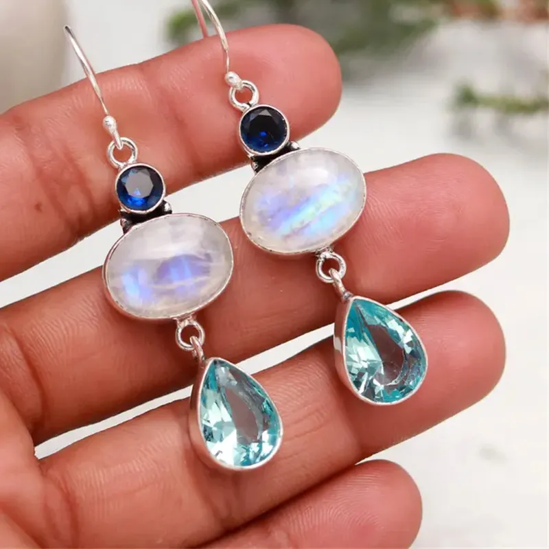 Authentic Moonlit Geometry: Imitation Moonstone Dangle Earrings