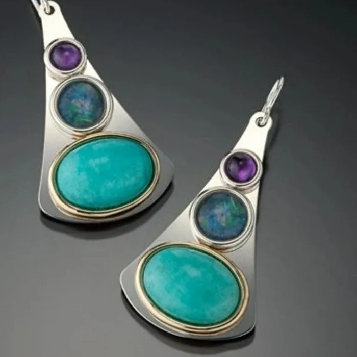 Authentic Vintage Silver Color Oval Inlaid Imitation Turquoise Earrings Ethnic Metal Geometry Dangle Earrings for Women Jewelry