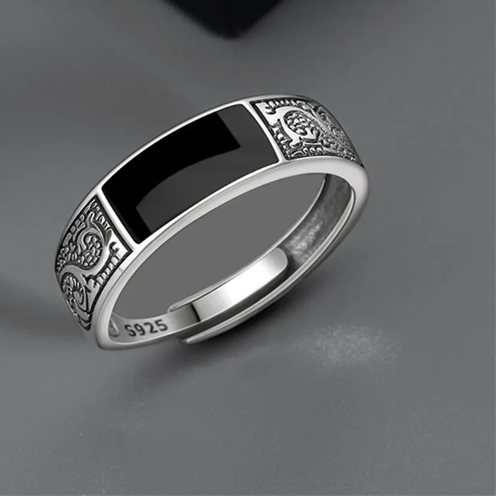 Authentic Dragon’s Veil Protection Ring – 925 Silver Open Band with Black Rectangular Sigil