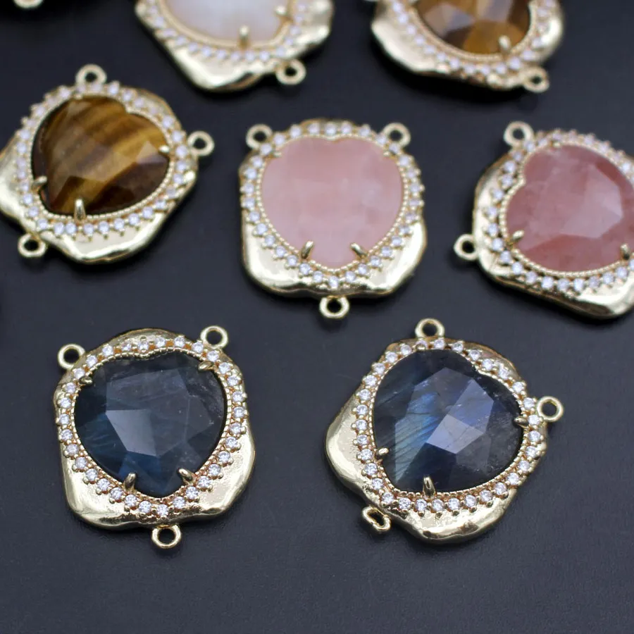 Authentic 6pcs Heart Shape Natural Blue Amazonite Moon Stone CZ Pendant 3 Loops Connectors DIY for Men Women Gold Plated Chains Necklaces