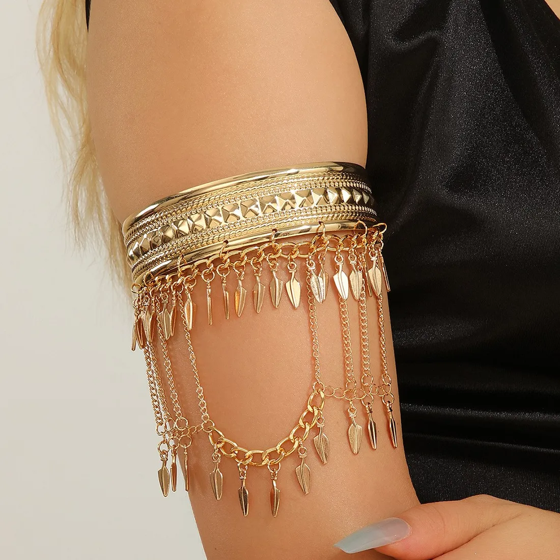 Authentic 2026 Trendy Egyptian Golden Metal Coin Leaf Chain Tassel Upper Arm Cuff Bracelet For Women Holiday Jewelry Accessories