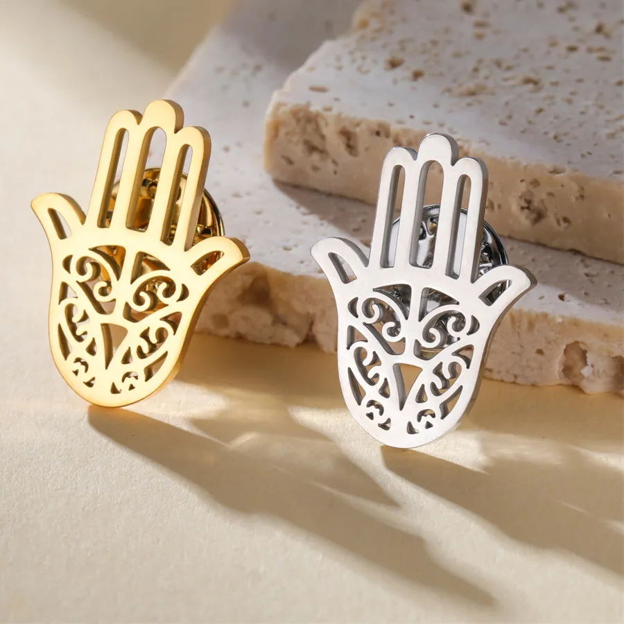 Authentic Hamsa Hand of Fatima Pin Brooch for Women Men Gold Color Amulet Suit Lapel Badge Accessories