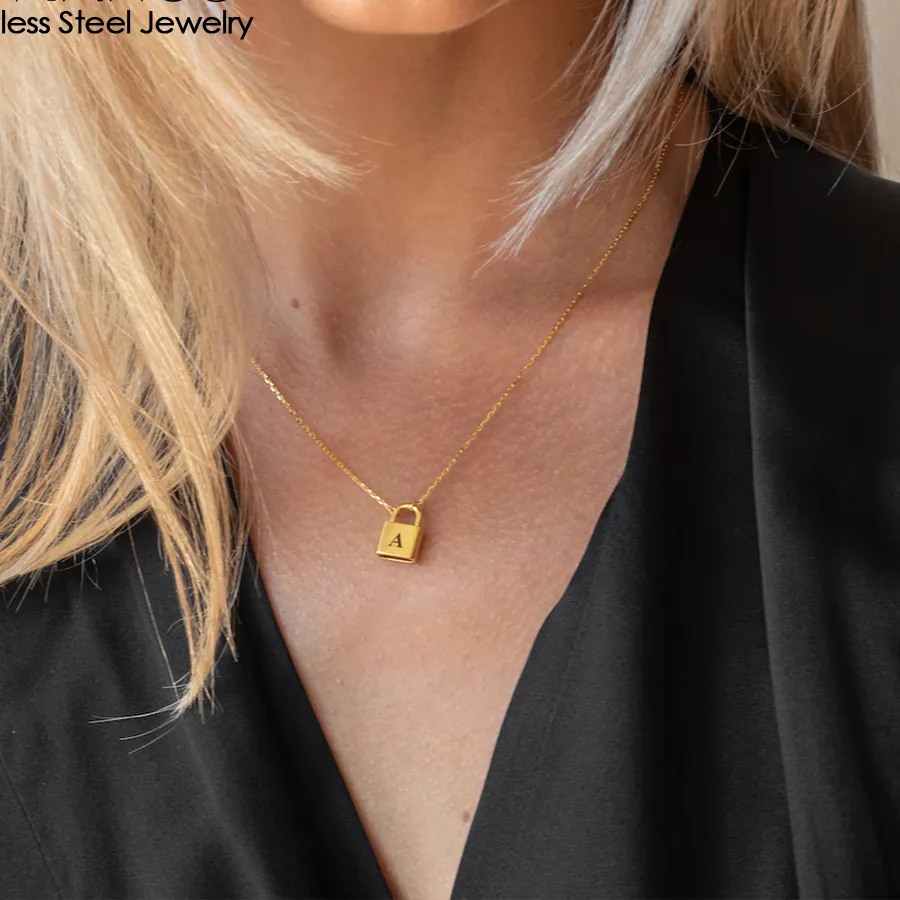 Authentic EManco Minimalist 14K Gold Plated Locking Initial Pendant Women's Padlock Necklace