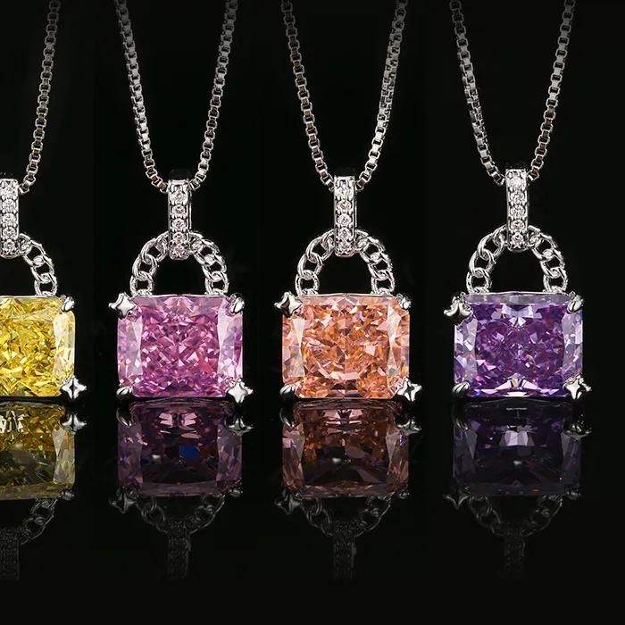 Authentic Luxury Purple Pink Yellow Orange Padlock Lock Shape Necklace Square Cubic Zirconia Chain for Women Wedding Party Jewelry