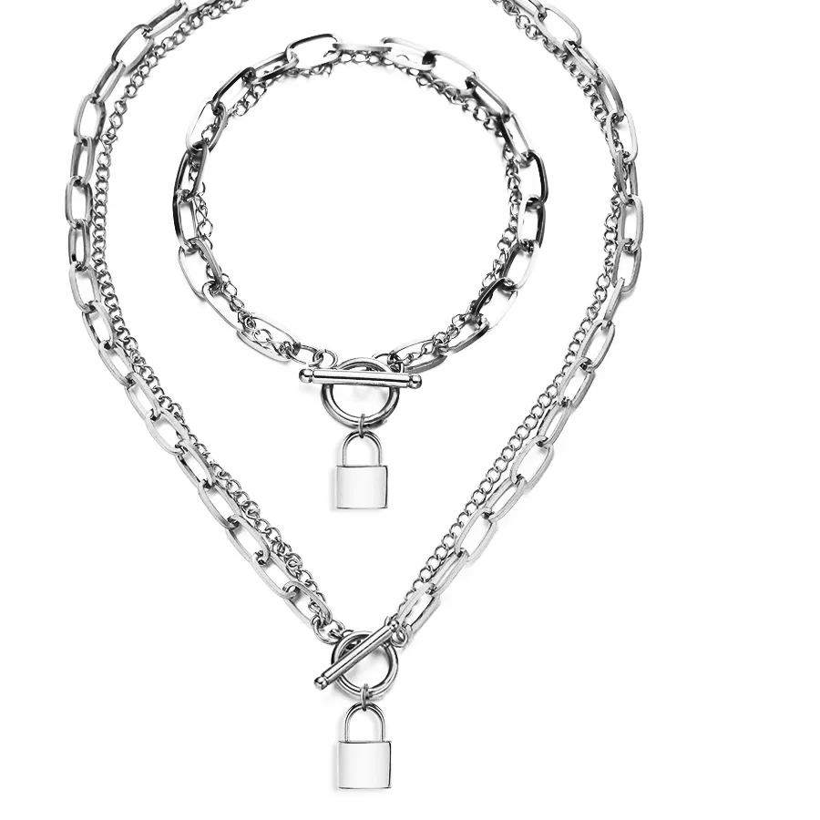 Authentic MinaMaMa Lock Jewelry Sets For Woman Toggle Padlock Multilayer Chain Bracelet Necklace Sets