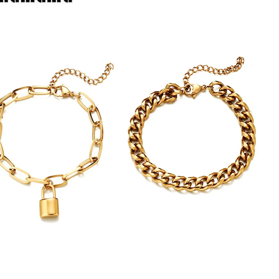 Authentic 2PCS/Sets Chunky Chain Bracelet For Woman Paperclip Chain Padlock Bracelets Sets Jewelry Gifts