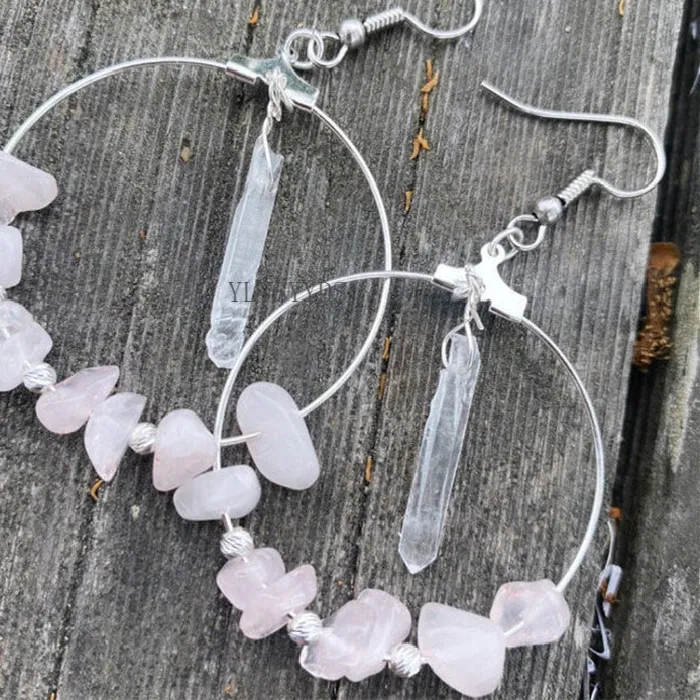 Authentic Bohemia Rose Quartz And Clear Crystal Hoop Earrings Stars Dangle Witch Jewelry Healing Halloween Statement Jewelry
