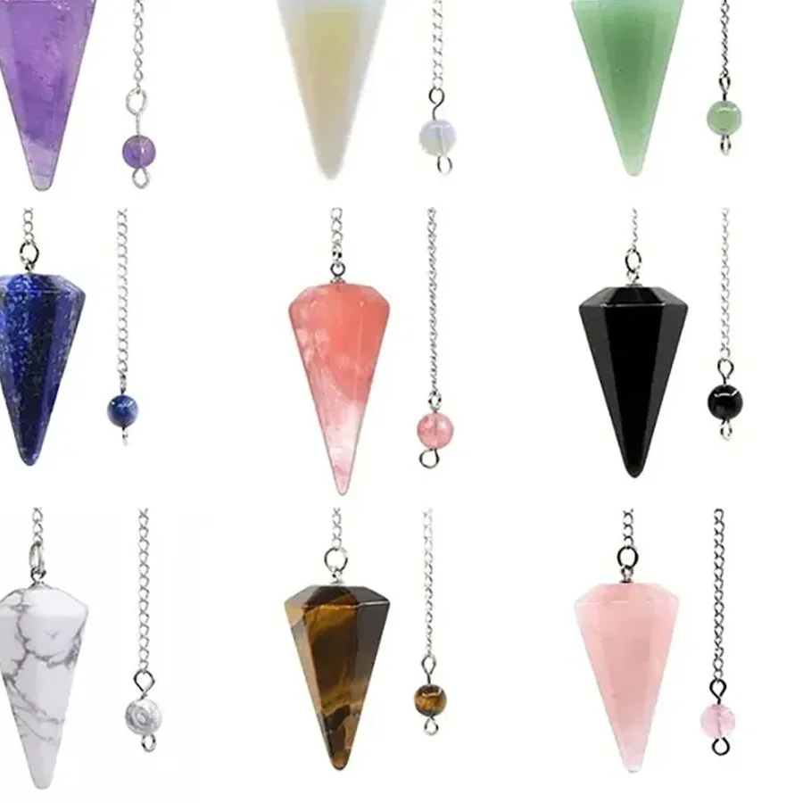 Authentic Natural Stone Hexagonal Cone Rose Quartz Tiger Eye Spirit Pendulum Agate Crystal Charms For Jewelry Making Necklace Accessories