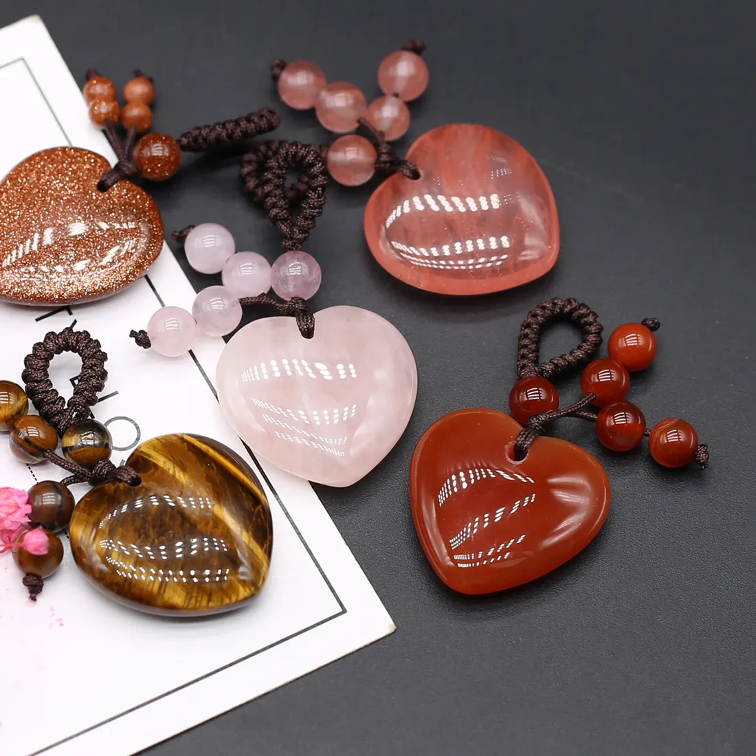 Authentic Natural Stone Keychians Heart Shape Rose Quartzs Tiger Eye Stone Keychians For Making Diy Jewerly Necklace Aaccessories 25X32Mm