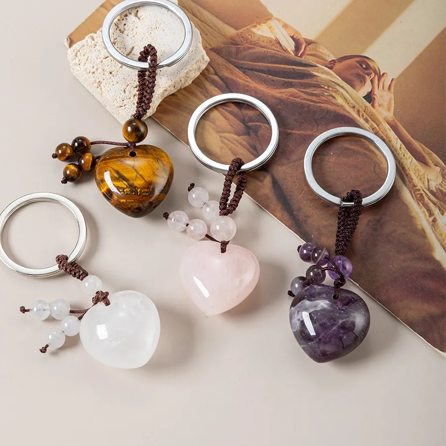 Authentic 1Pc Natural Stone Heart Keychain Healing Crystal Stone Rose Quartz Jewelry Tassel Keyring Bag Charms For Handbags
