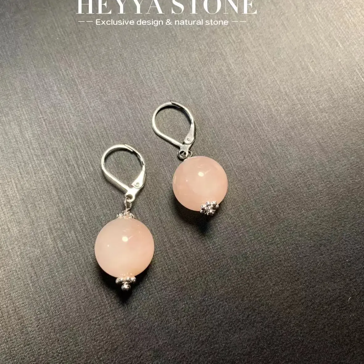 Authentic HEYYA STONE 10MM Natural Rose Quartz Drop Earrings Simple Gemstone Jewelry
