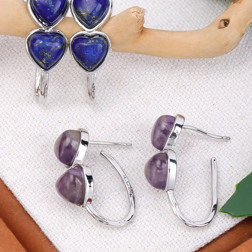 Authentic Csja Crystal Heart Earrings Natural Stone Amethyst Rose Quartz Lapis Lazuli Earring Delicate Jewelry H854
