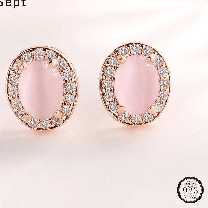 Authentic HuiSept Women Earrings 925 Silver Jewelry with Rose Quartz Zircon Gemstone Stud Earring for Girl Wedding Party Accessories