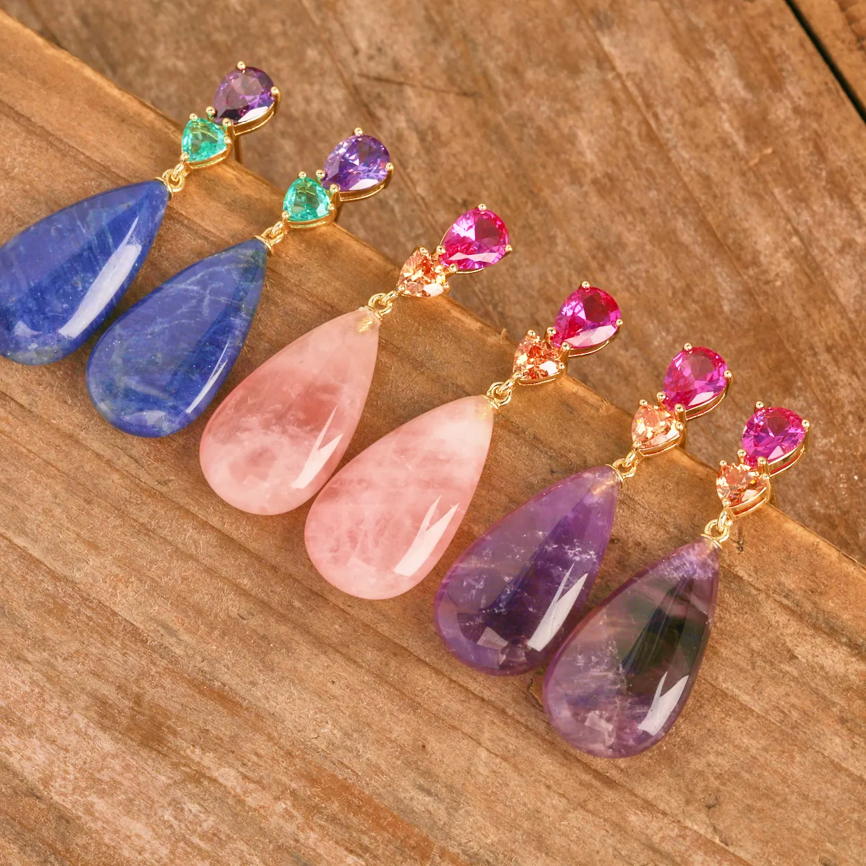 Authentic Heart's Harmony: Rose Quartz, Amethyst, and Blue Sodalite Converge in Golden Harmony