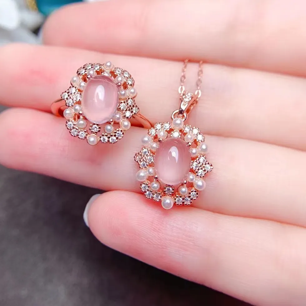 Authentic FS High-quality Ross Quartz S925 Sterling Silver Pendant Necklace Ring Set Fine Charm Weddings Jewelry Women MeibaPJ FS